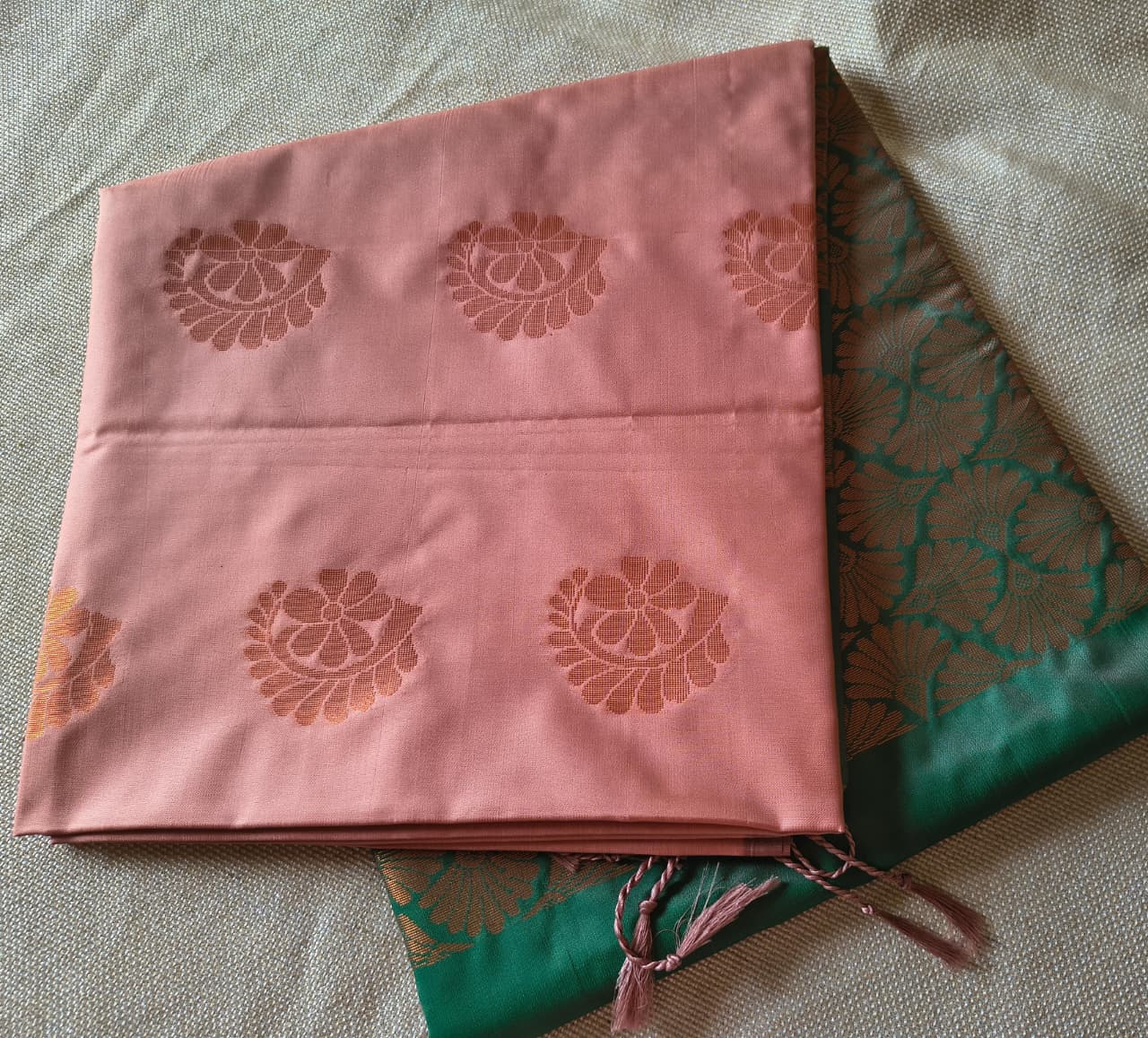 Premium Cream and Green soft silk borderless saree