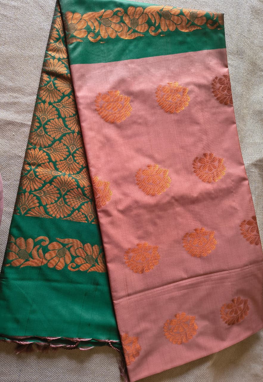 Premium Cream and Green soft silk borderless saree