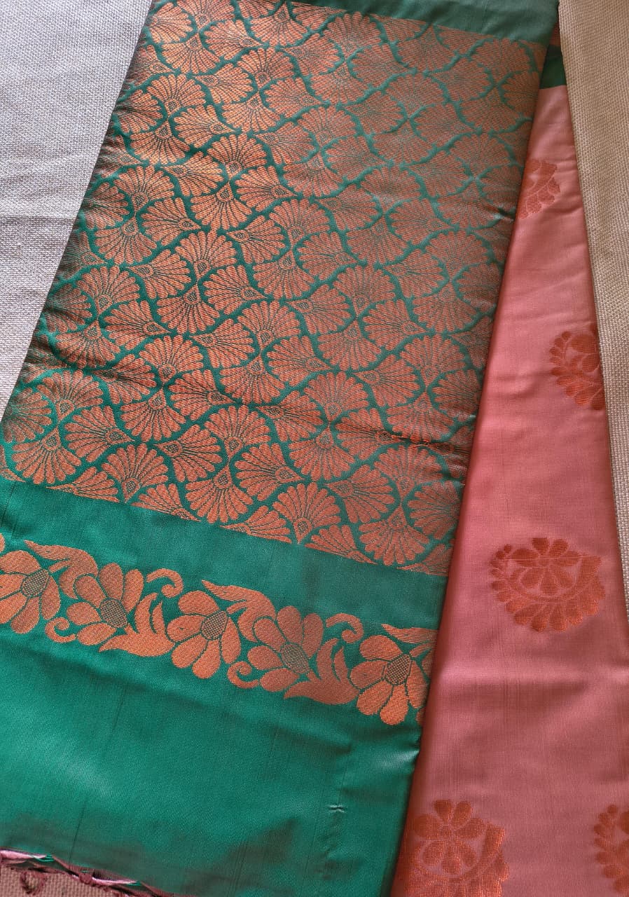 Premium Cream and Green soft silk borderless saree