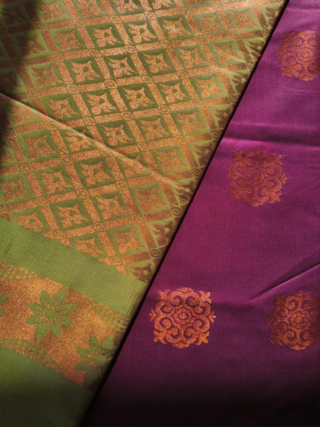 Maroon and Green soft silk borderless saree