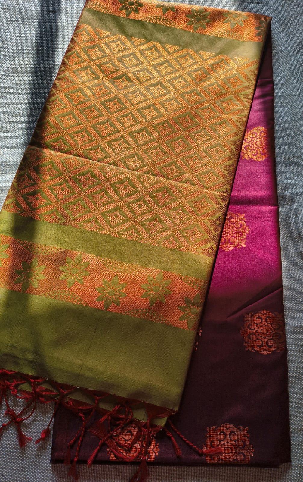 Maroon and Green soft silk borderless saree