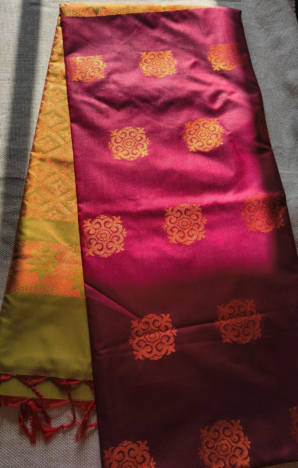 Maroon and Green soft silk borderless saree