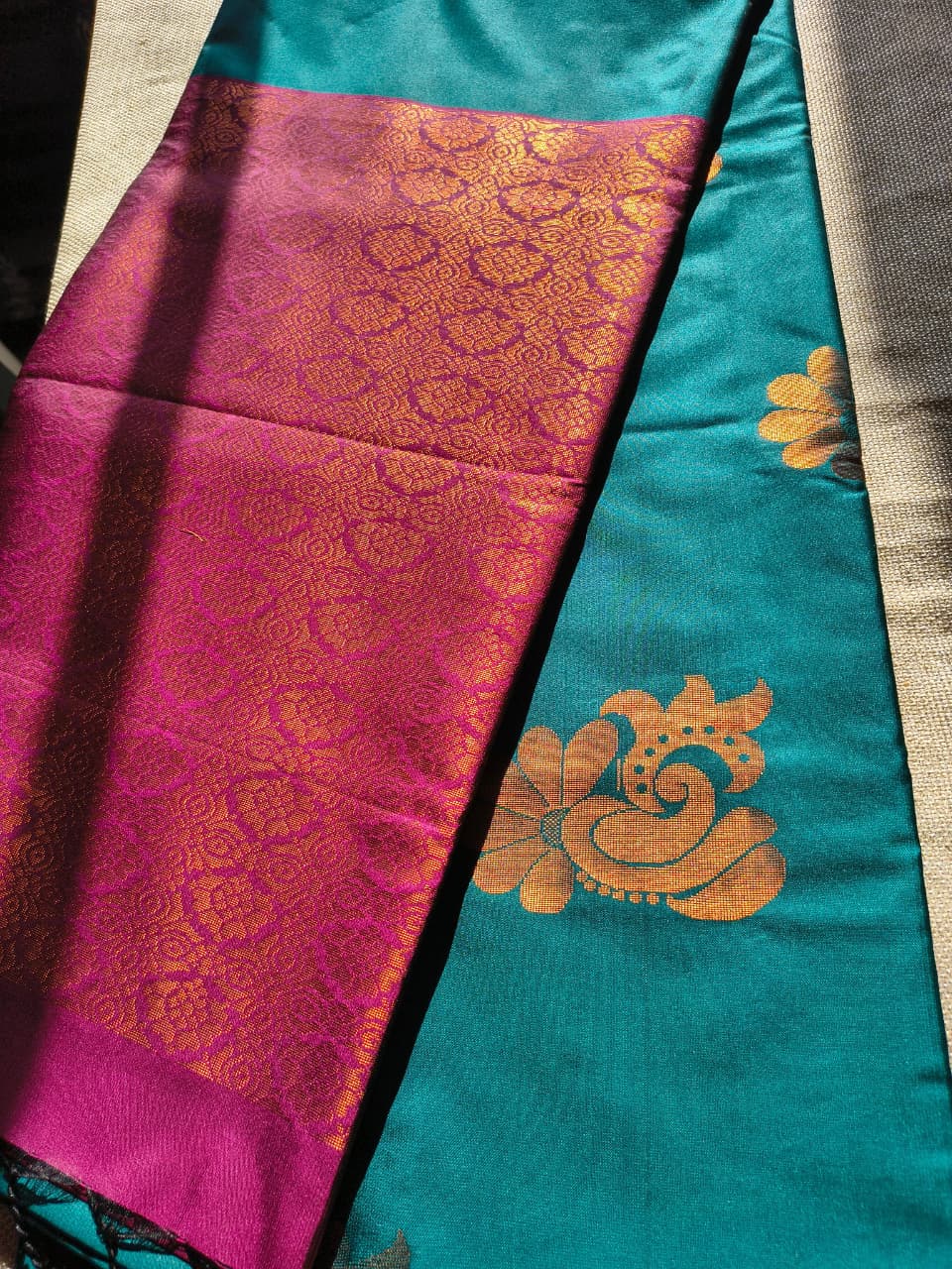 Peacock blue and Magenta soft silk saree