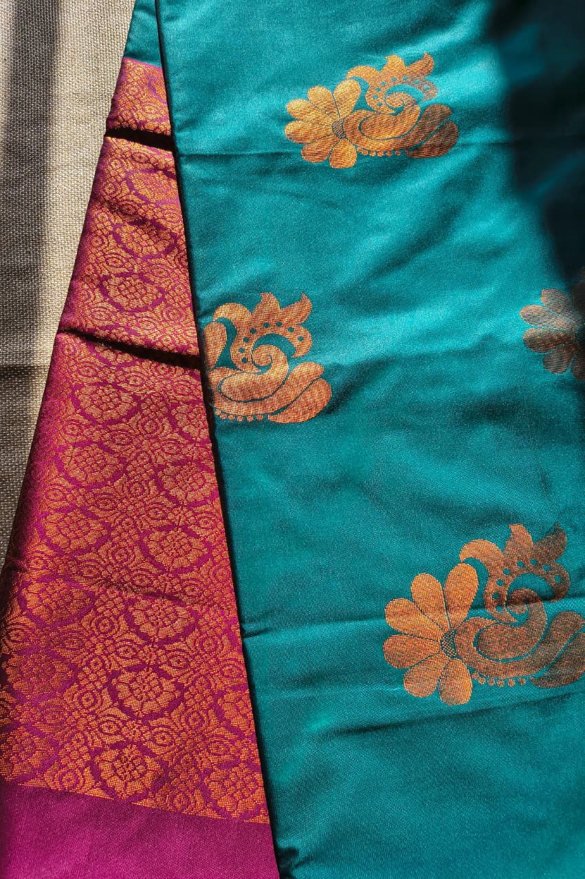 Peacock blue and Magenta soft silk saree