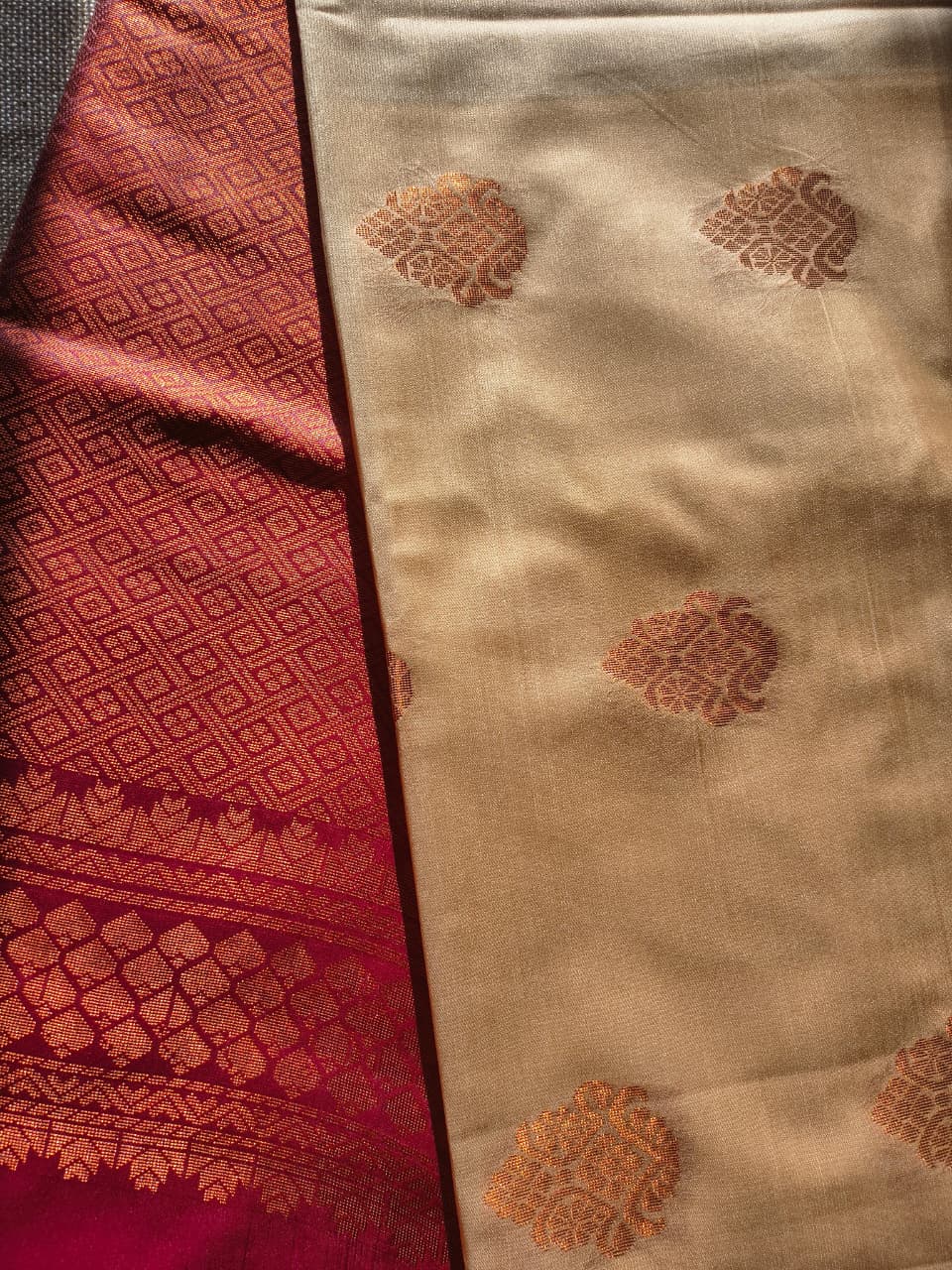 Beige and Maroon soft silk borderless saree