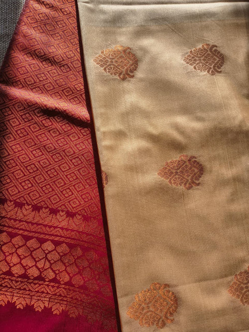 Beige and Maroon soft silk borderless saree