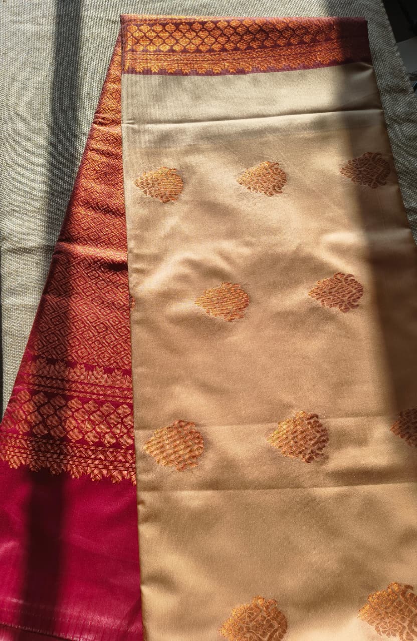 Beige and Maroon soft silk borderless saree