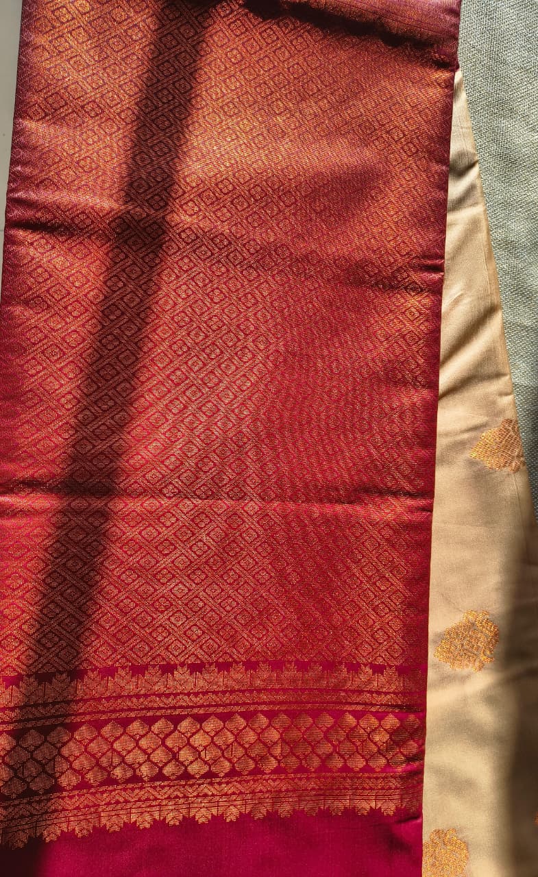 Beige and Maroon soft silk borderless saree