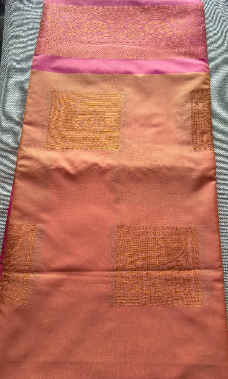 Mustard Orange and pink soft silk borderless saree