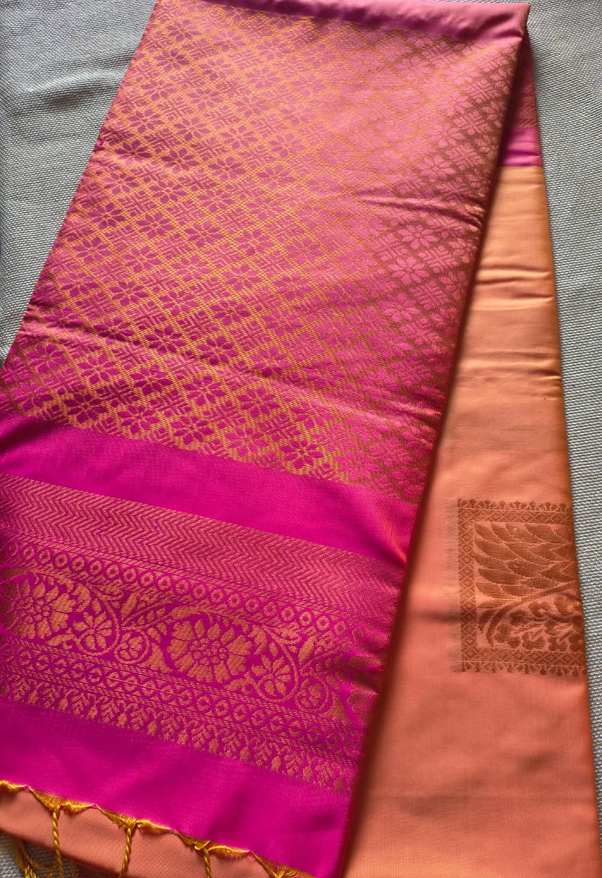 Mustard Orange and pink soft silk borderless saree