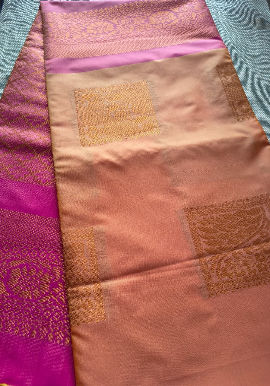 Mustard Orange and pink soft silk borderless saree