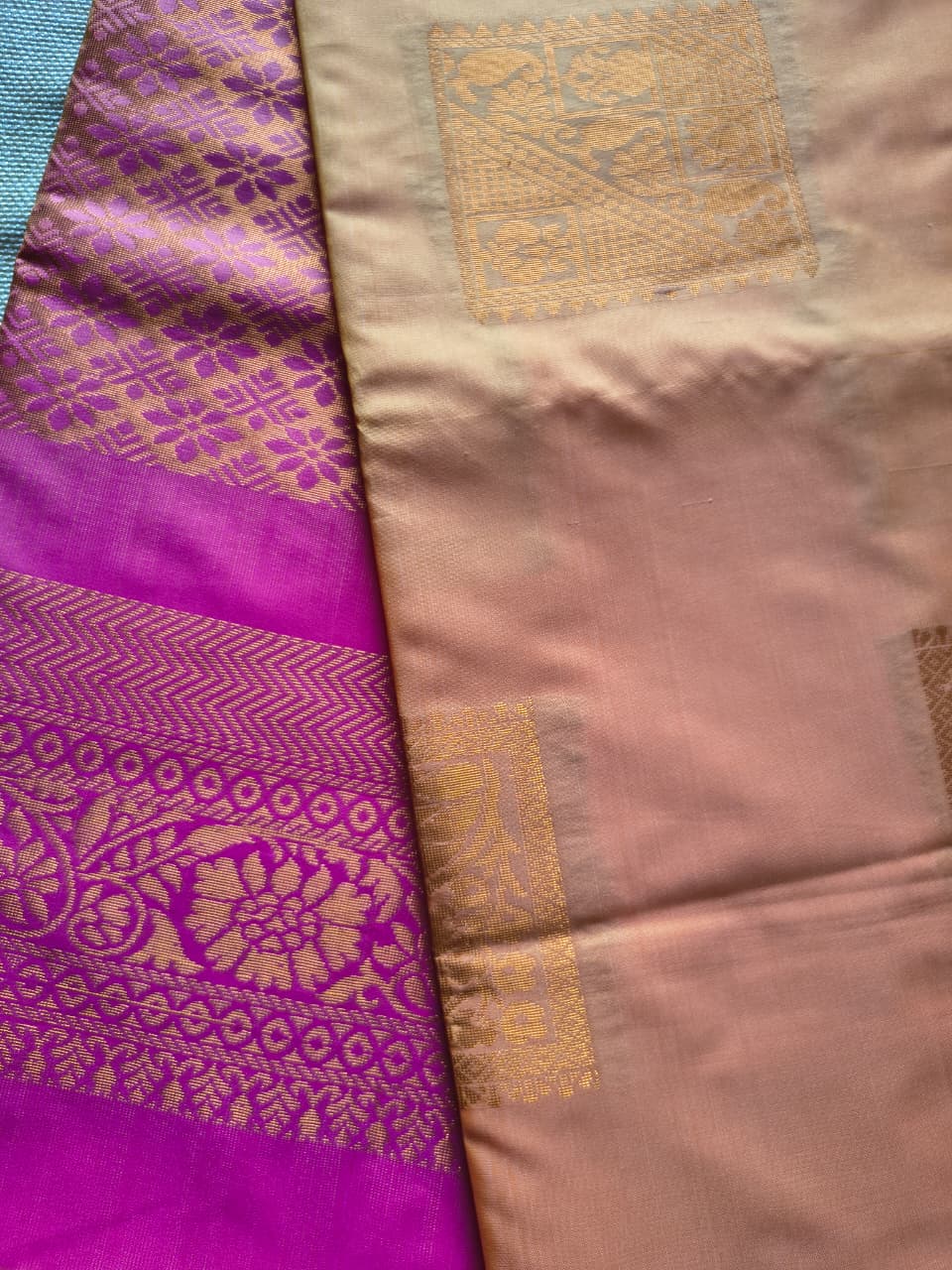 Mustard Orange and pink soft silk borderless saree