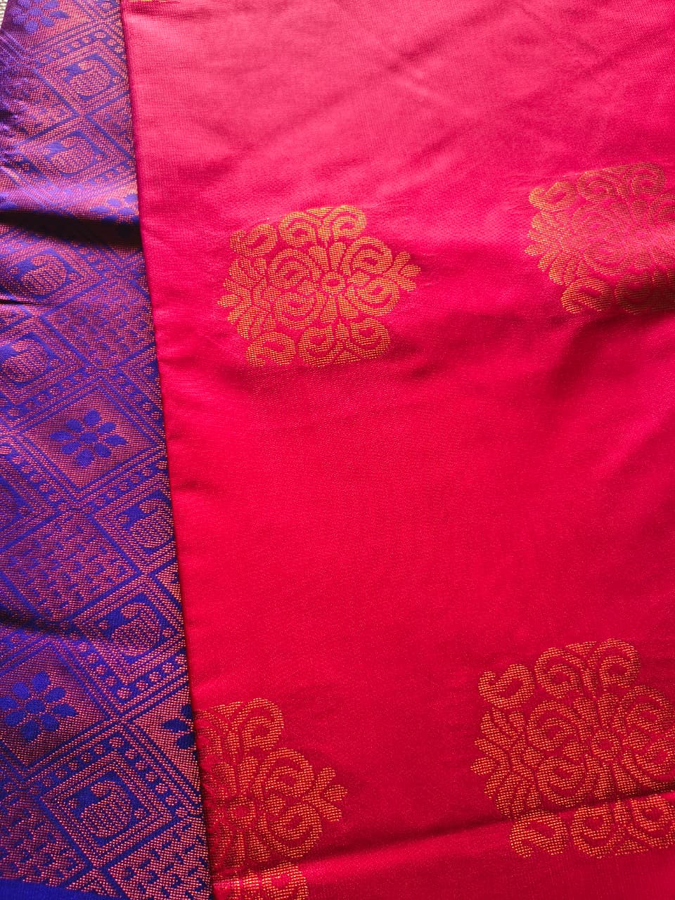 Red and Blue soft silk borderless saree