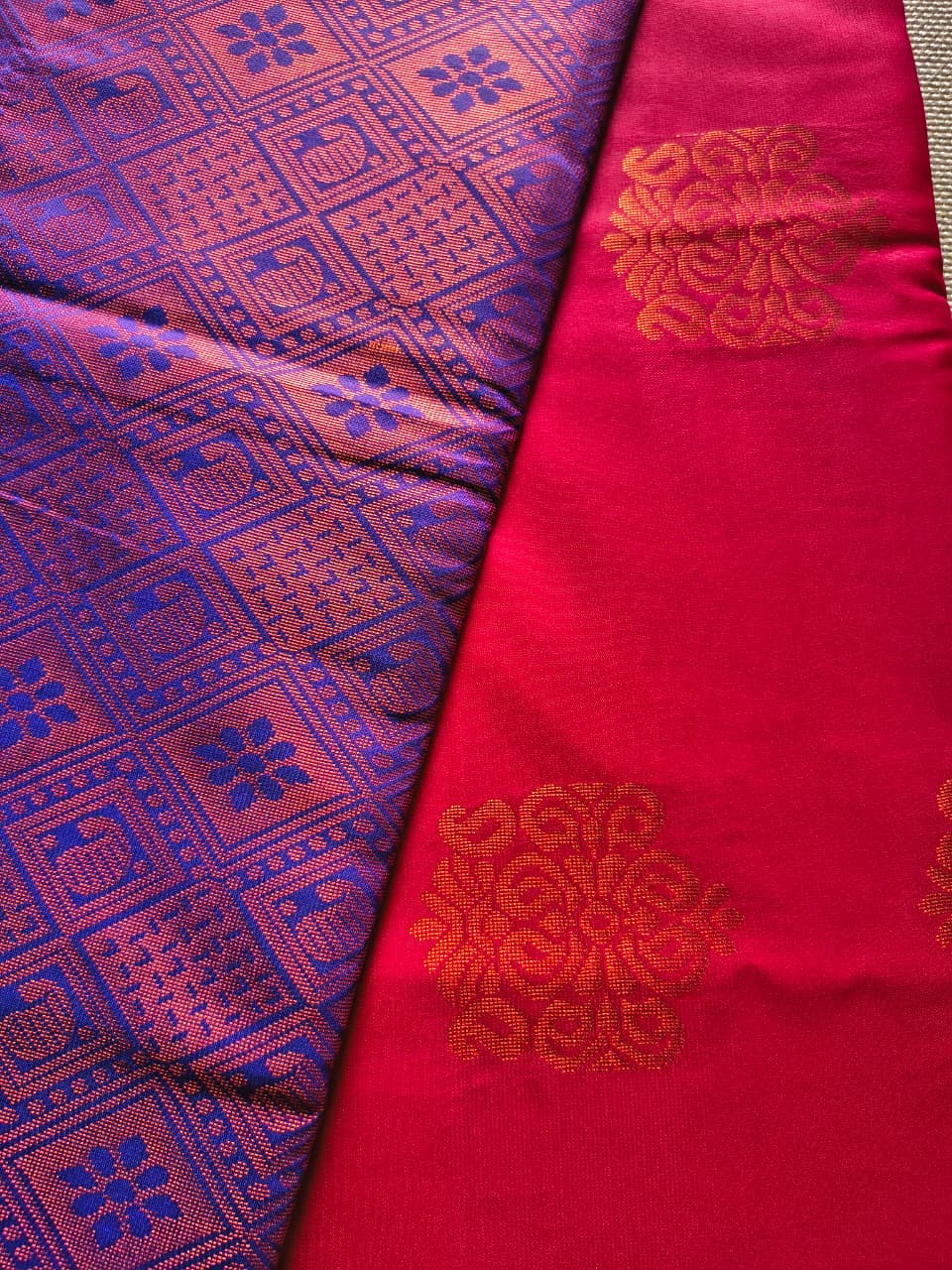 Red and Blue soft silk borderless saree