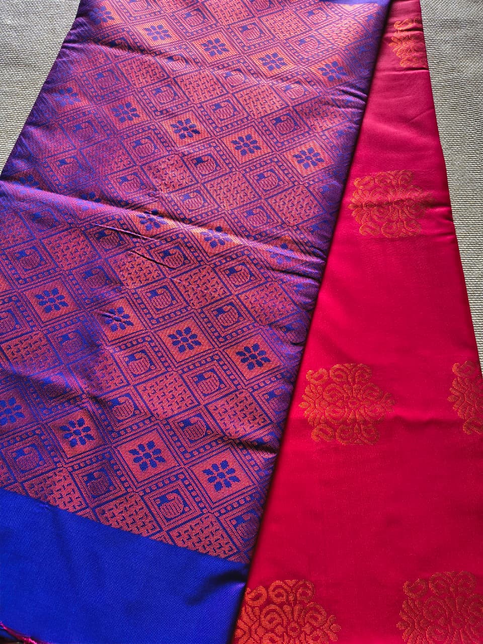 Red and Blue soft silk borderless saree