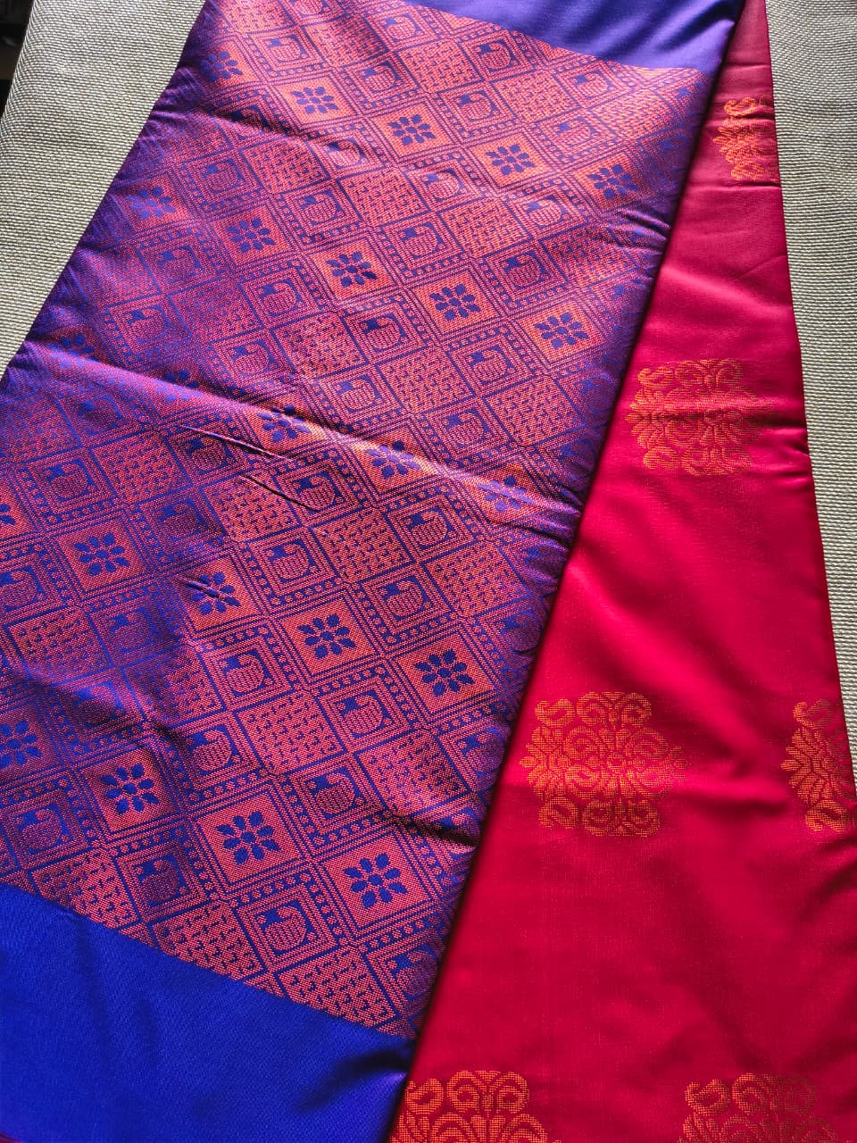 Red and Blue soft silk borderless saree
