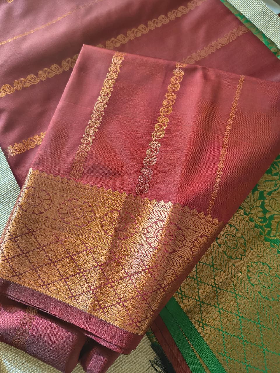 Brown and Green Pattu saree