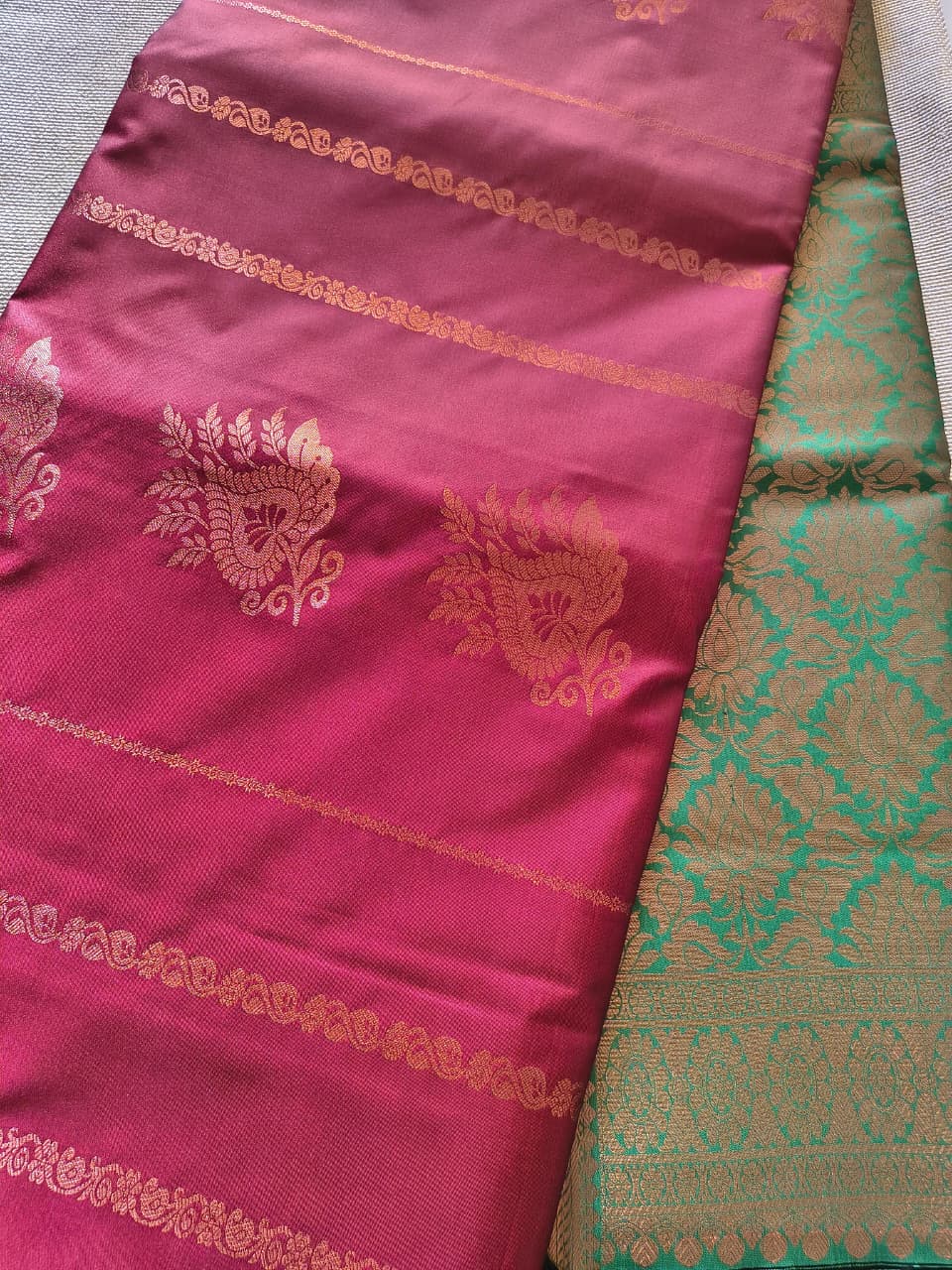 Brown and Green Pattu saree