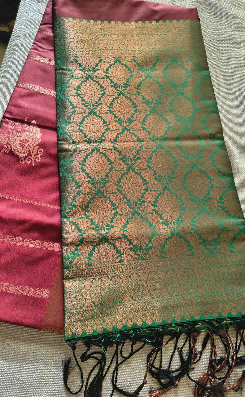 Brown and Green Pattu saree