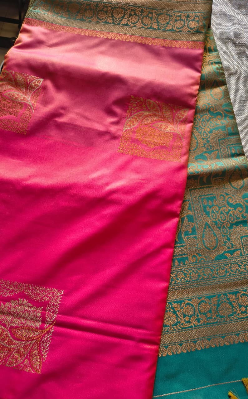 Premium Orange and Green soft silk Borderless saree with rich Pallu