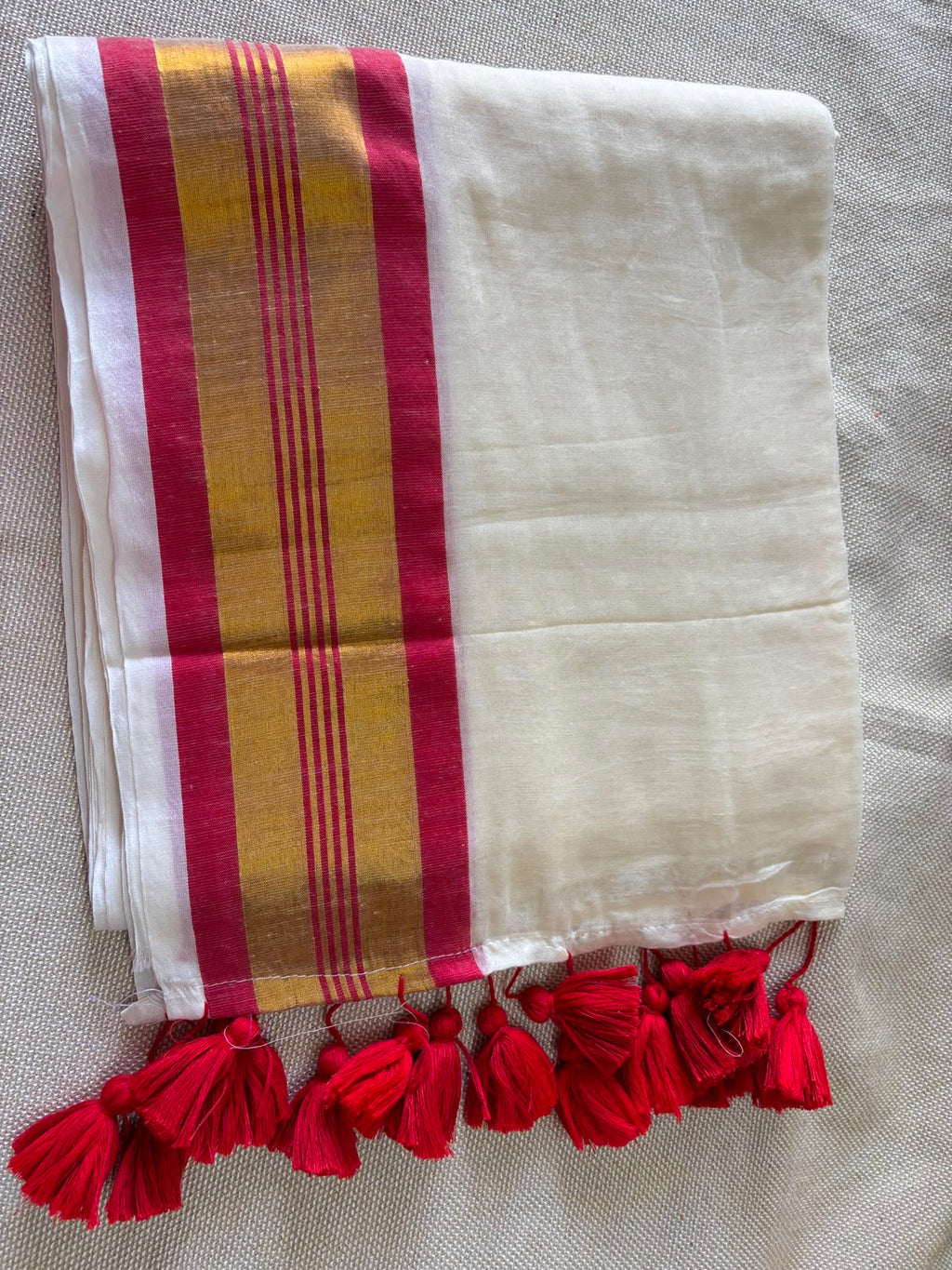 Premium Kerala Mul cotton Off-white Saree with Red & Gold Zari Border
