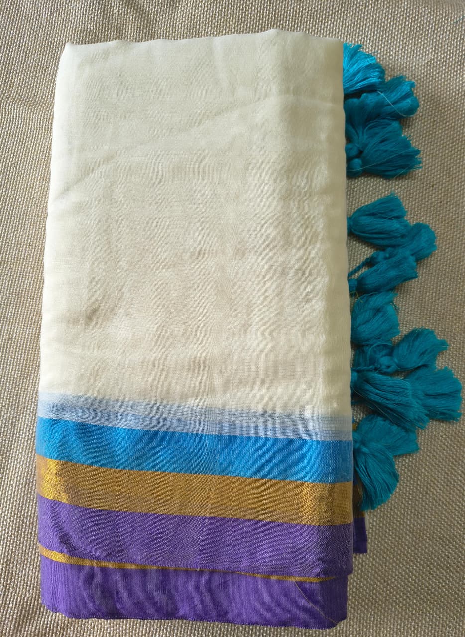 Premium Off White Mul Cotton Saree with Royal Purple, Gold Zari & Blue Border