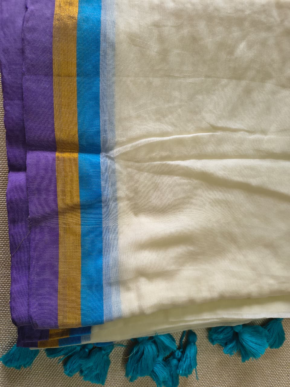 Premium Off White Mul Cotton Saree with Royal Purple, Gold Zari & Blue Border