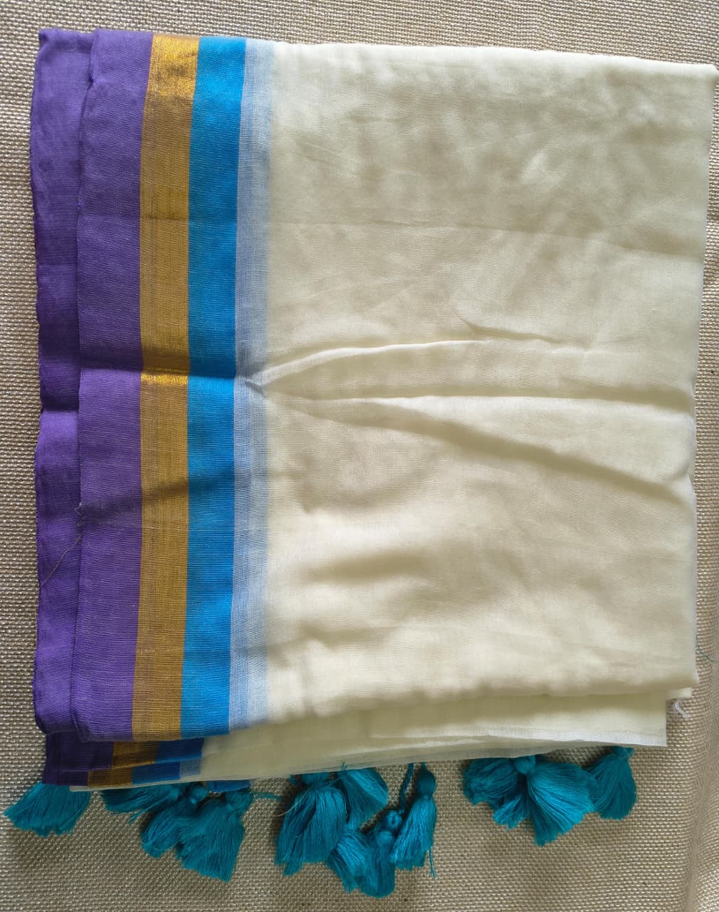 Premium Off White Mul Cotton Saree with Royal Purple, Gold Zari & Blue Border