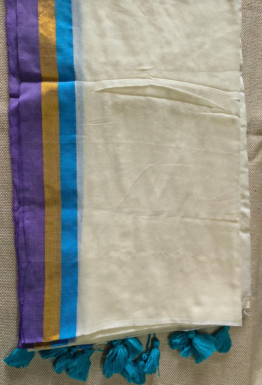 Premium Off White Mul Cotton Saree with Royal Purple, Gold Zari & Blue Border