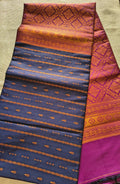 Navy Blue Soft Silk Borderless Saree with Rich Magenta Zari