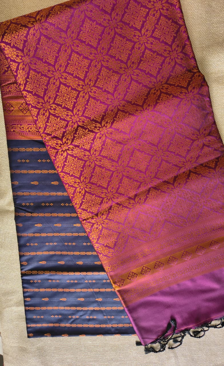 Navy Blue Soft Silk Borderless Saree with Rich Magenta Zari
