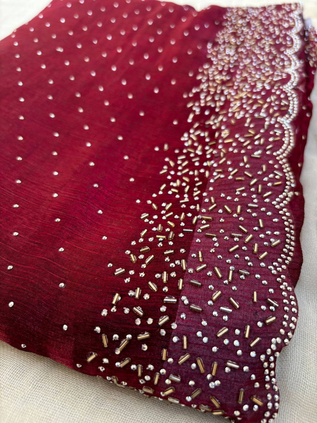 Wine Red Designer Saree with Hand Embellished Stone & Bead Work | Party Wear Saree for Women | Rukmineeyam