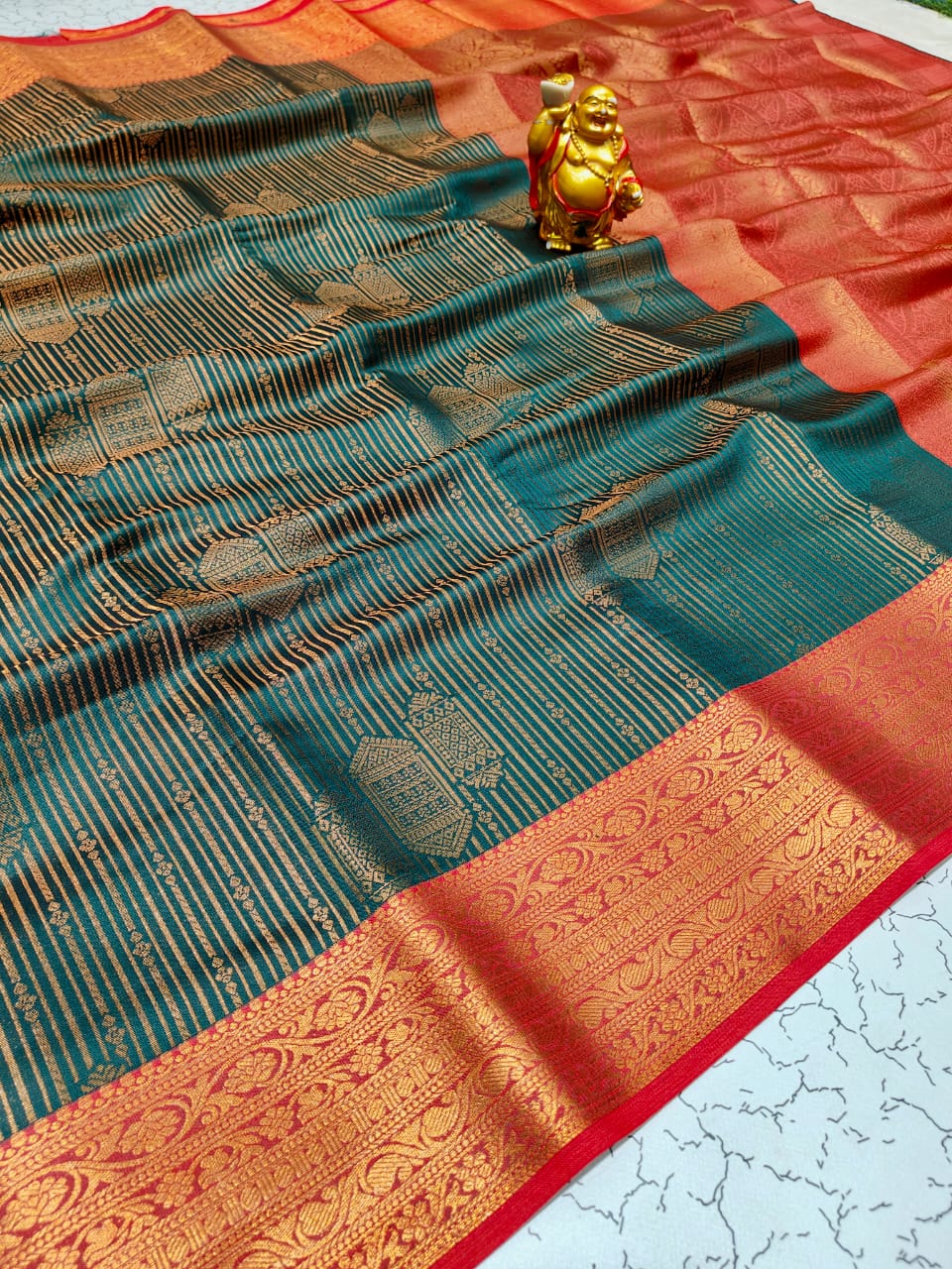 Dark Green Vaira Oosi Pattu Saree with Red Zari Design