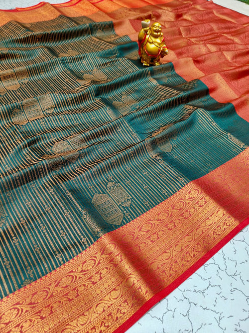 Dark Green Vaira Oosi Pattu Saree | Red Zari Design