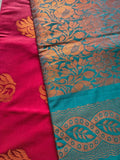 Red & Green Silk Borderless Saree with Tassels