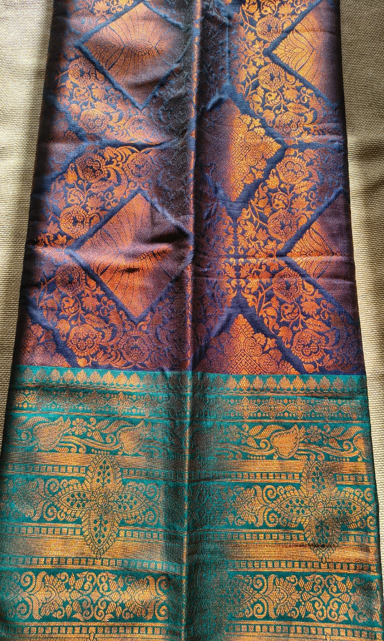 Dark Blue Pattu saree with Dark Green Zari design