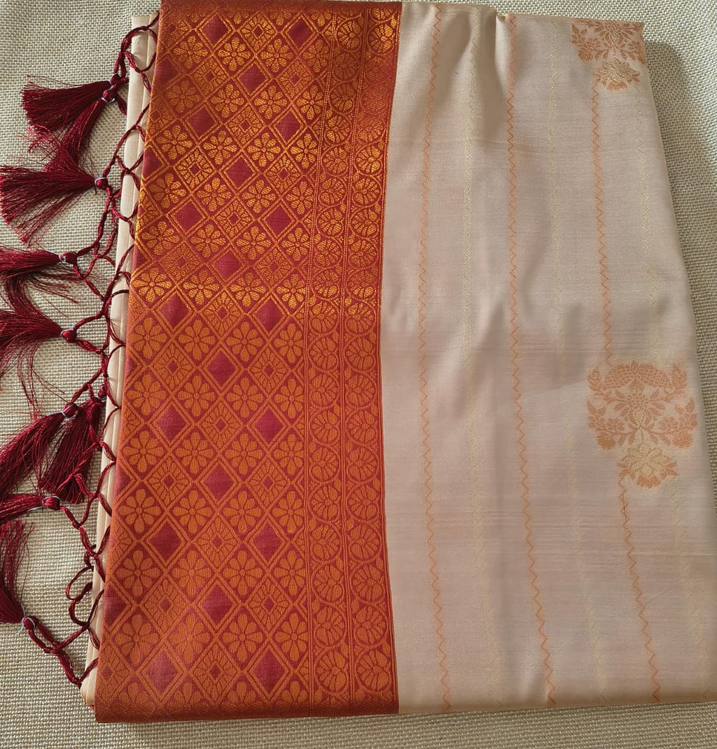 Cream & Maroon Soft Silk Saree with Rich Zari Design