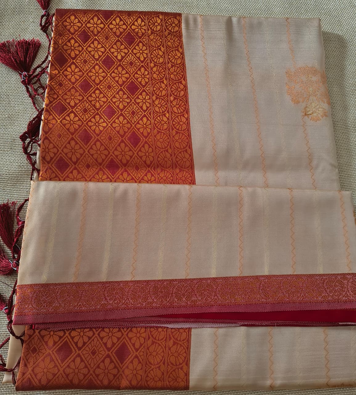 Cream & Maroon Soft Silk Saree with Rich Zari Design