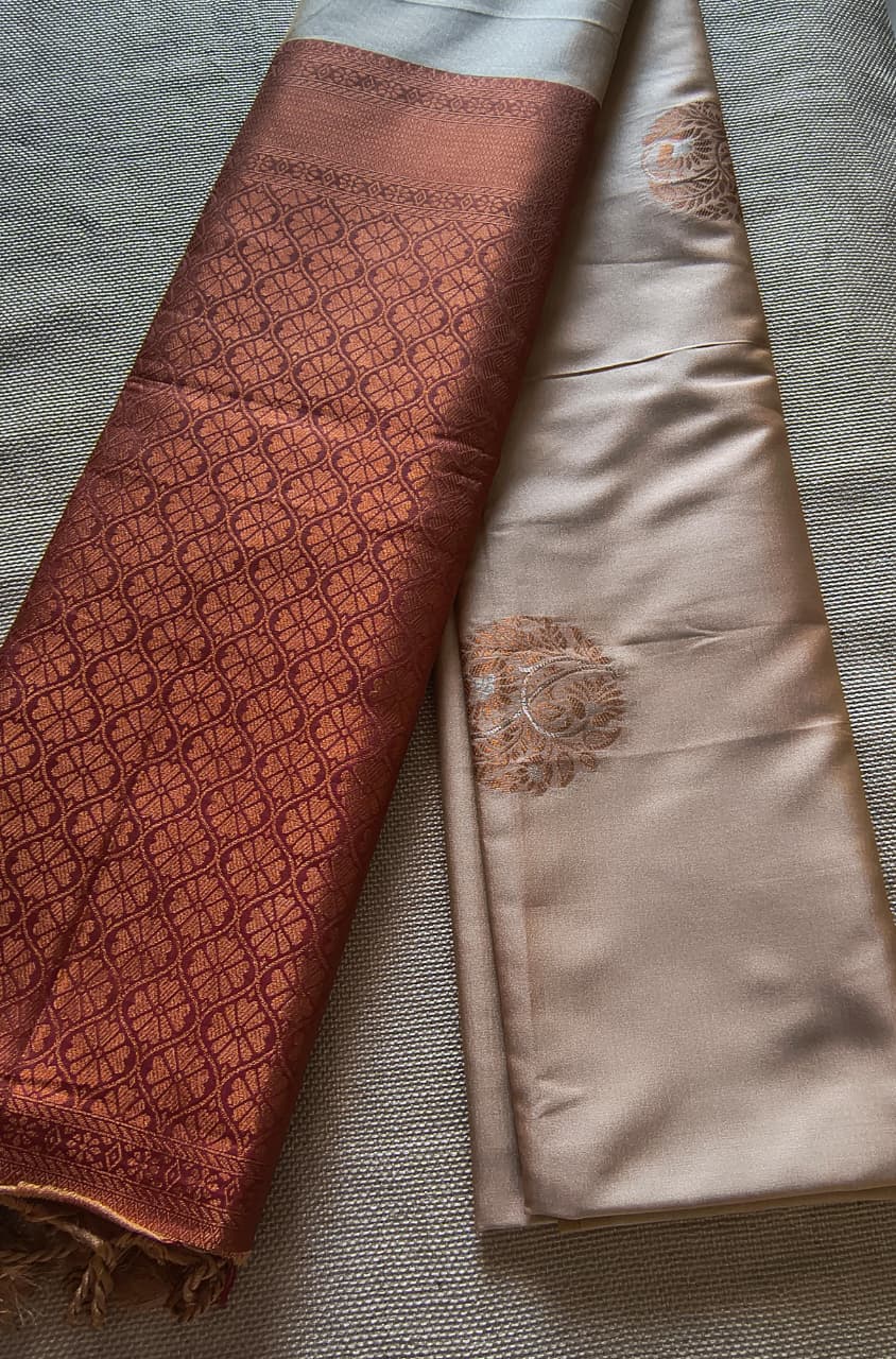 Exquisite Cream & Maroon Soft Silk Saree