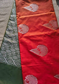 Orange Soft Silk Borderless Saree with Olive Green Pallu