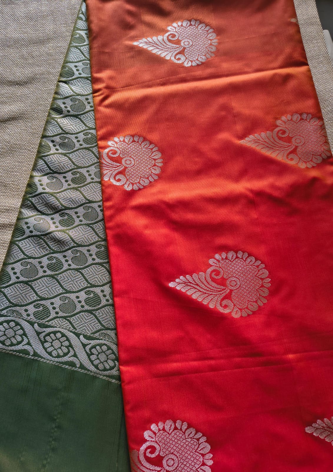 Orange Soft Silk Borderless Saree with Olive Green Pallu