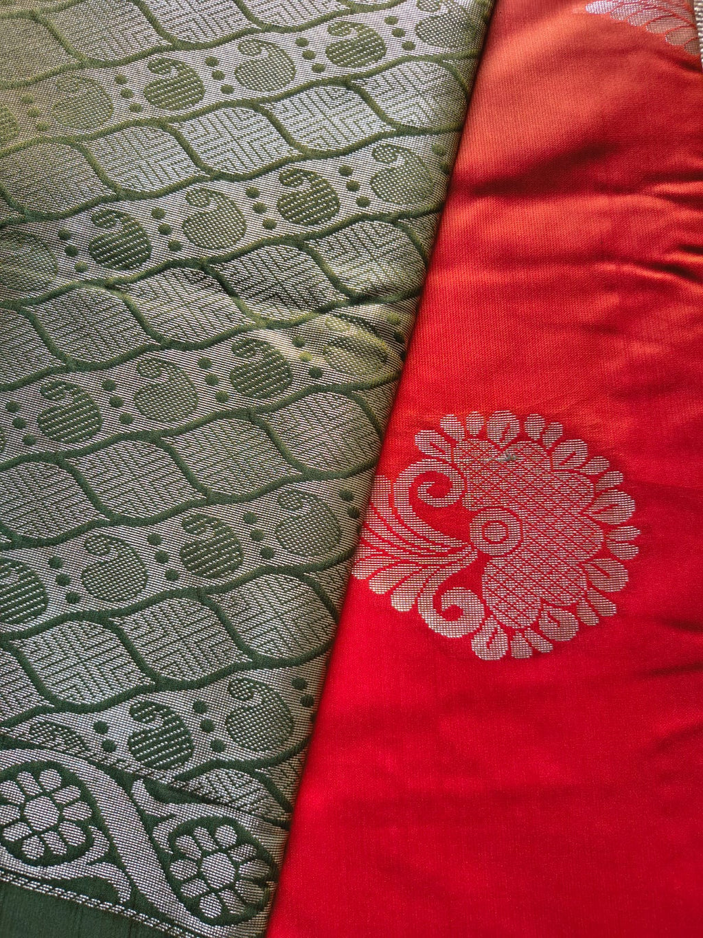 Orange Soft Silk Borderless Saree with Olive Green Pallu