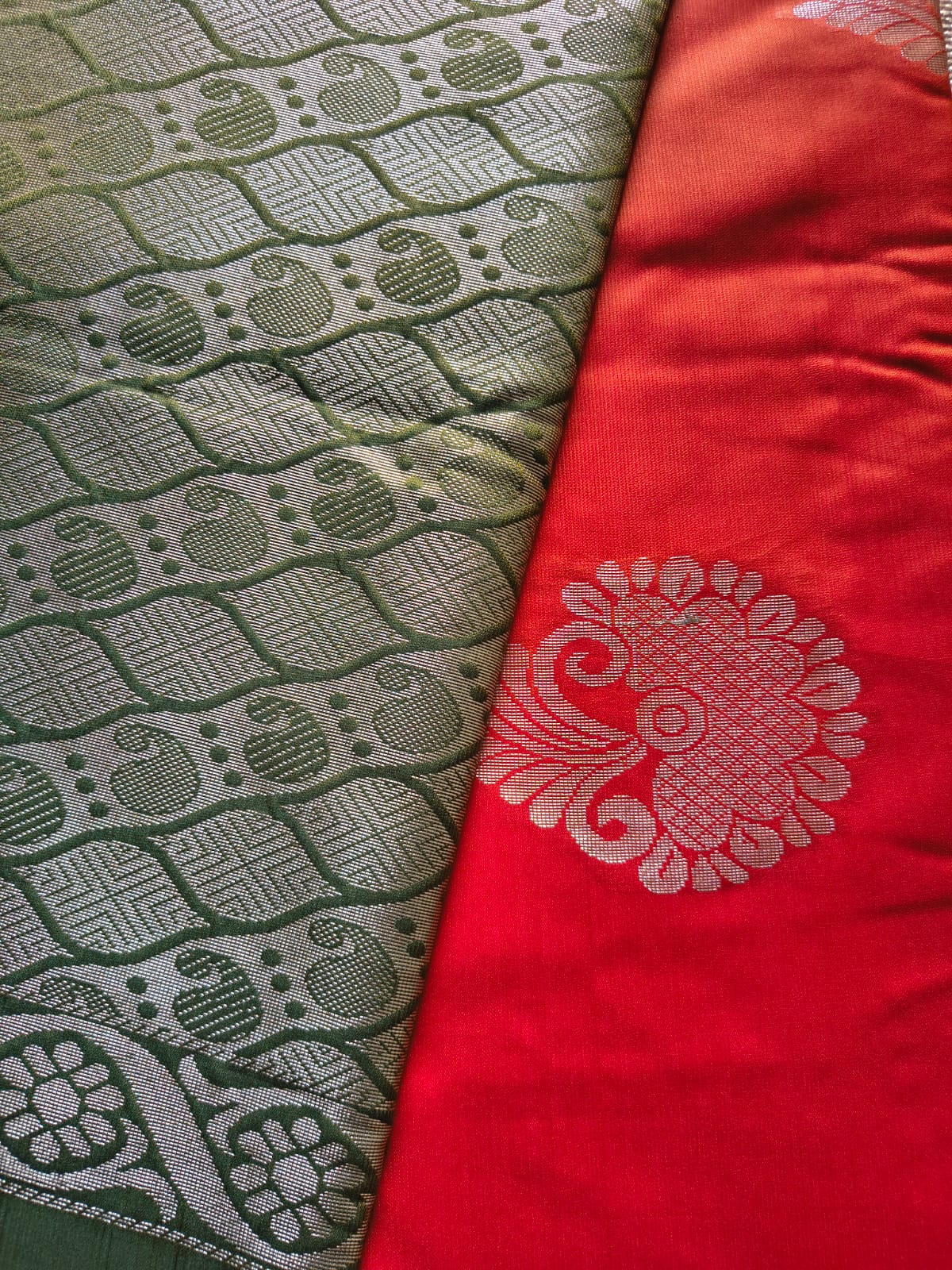 Orange Soft Silk Borderless Saree with Olive Green Pallu