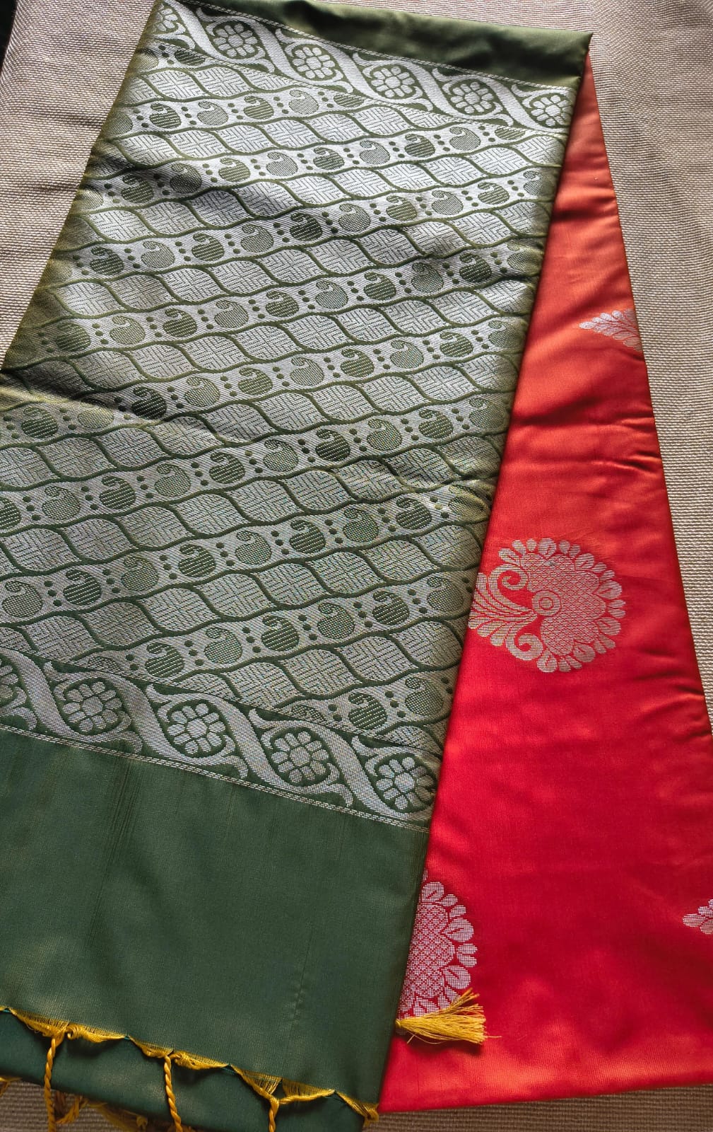 Orange Soft Silk Borderless Saree with Olive Green Pallu