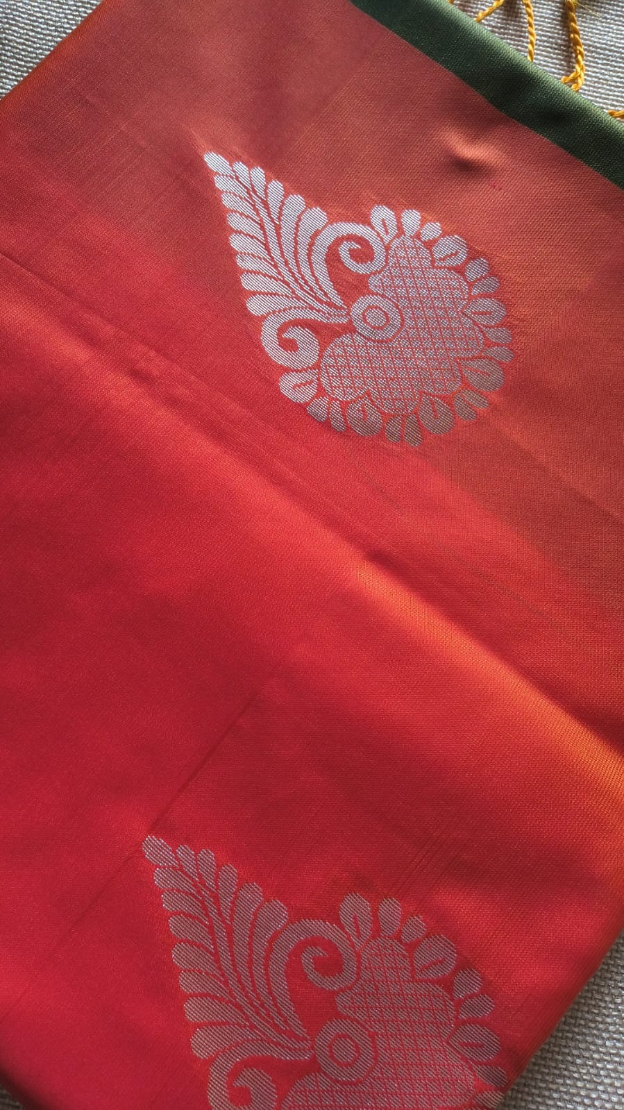 Orange Soft Silk Borderless Saree with Olive Green Pallu