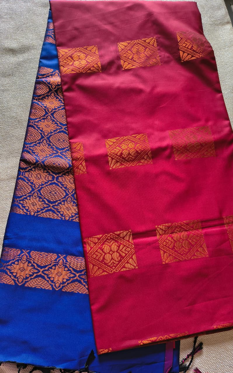 Maroon and Blue Soft Silk Borderless Saree
