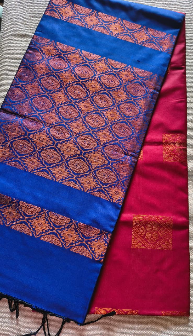Maroon and Blue Soft Silk Borderless Saree
