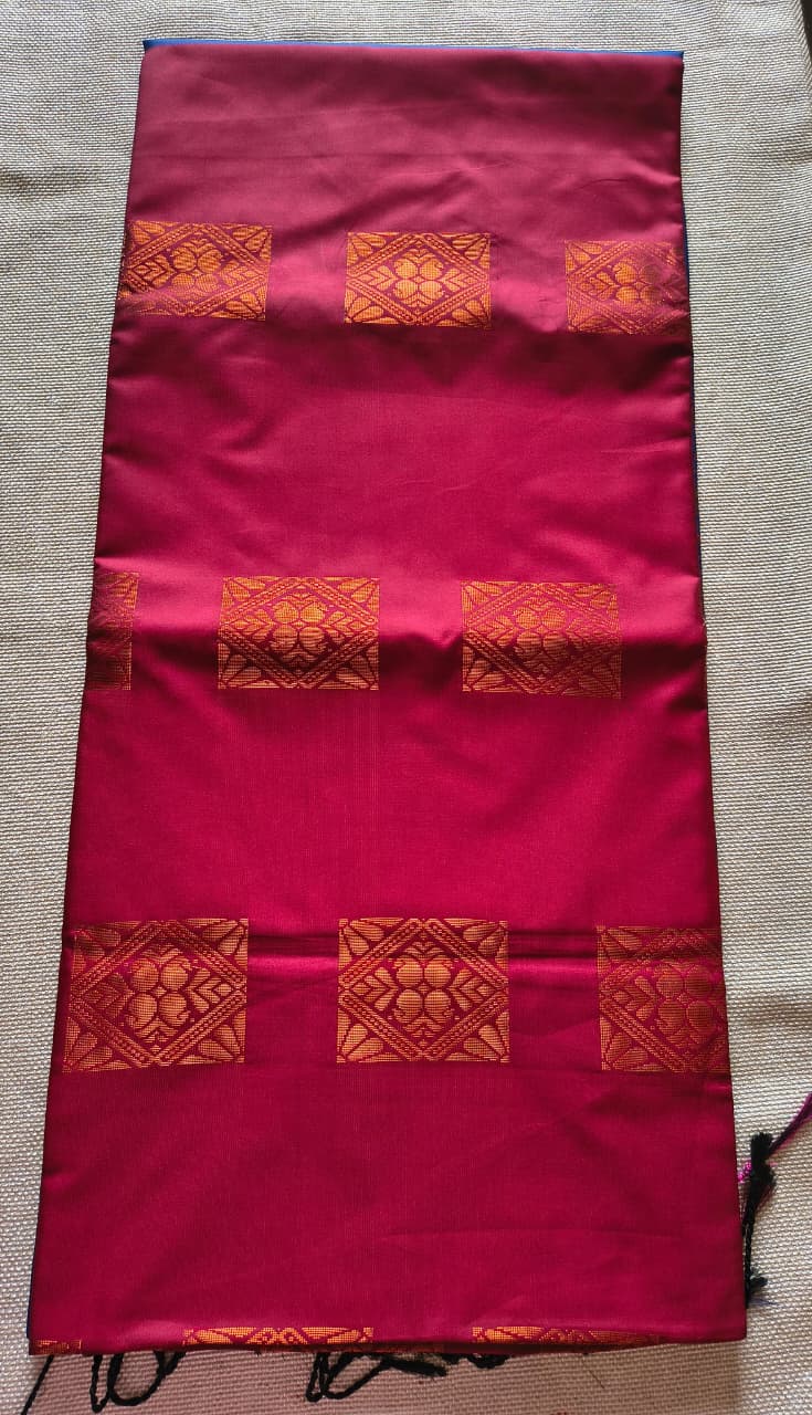 Maroon and Blue Soft Silk Borderless Saree