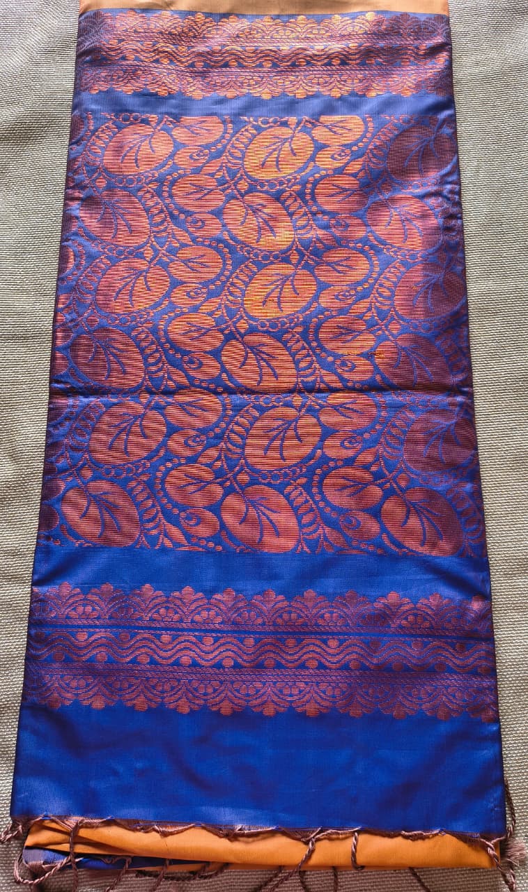 Vibrant Orange and Royal Blue Soft Silk Borderless Saree