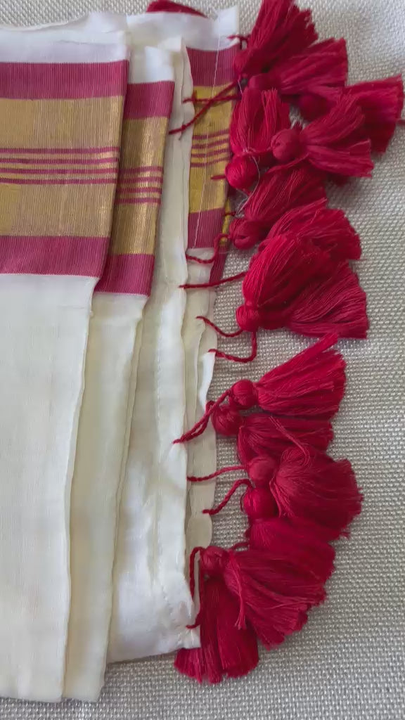 Premium Kerala Mul cotton Off-white Saree with Red & Gold Zari Border